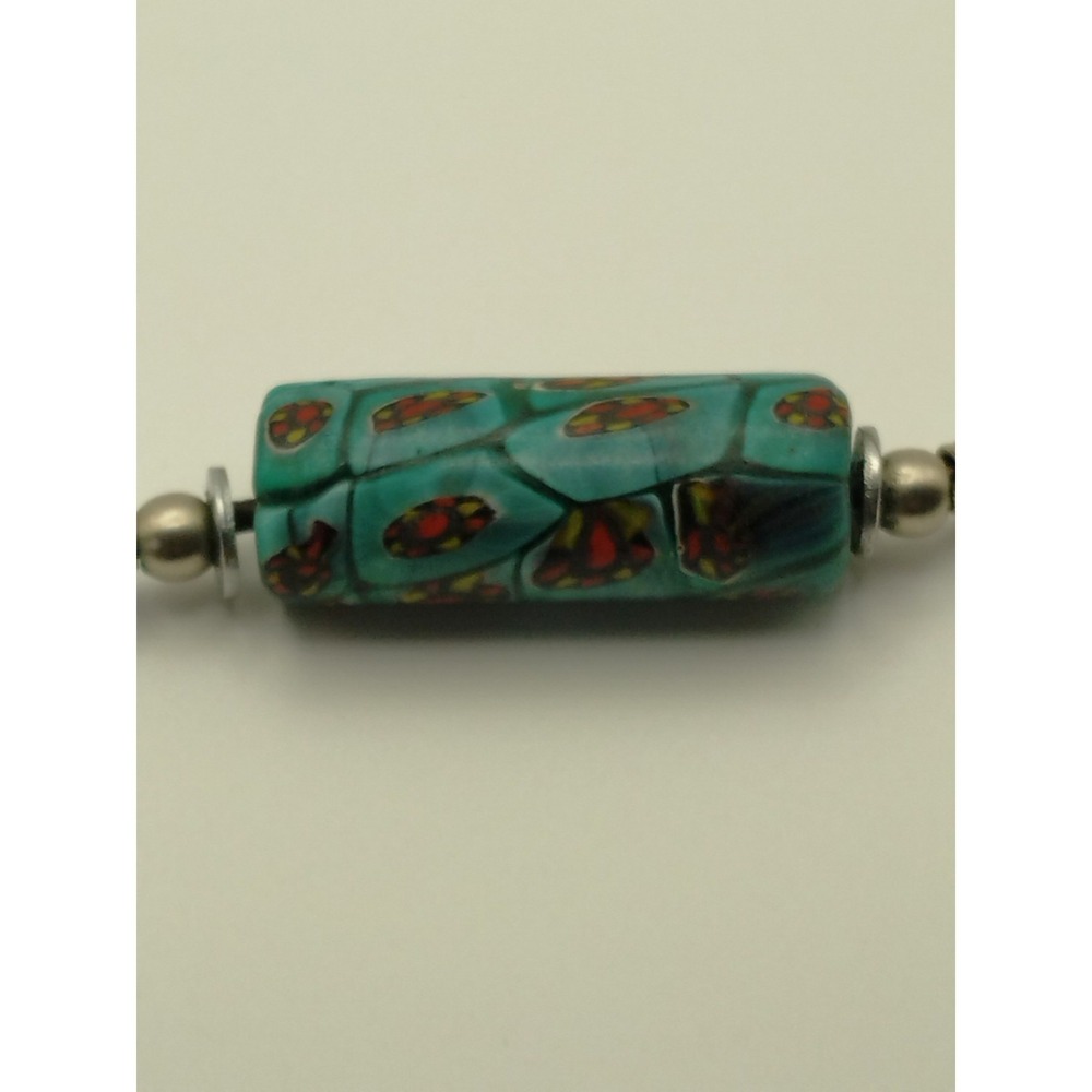 Venetian Vintage Green Beads Cylinder And Leather Necklace 15'' Inches Long